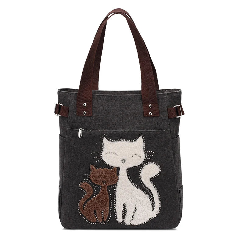 Lovely Cute Cat Canvas Handbag for Girls Ladies Large Capacity Casual Bag Women Portable Solid Zipper Shoulder Bag Bolsos Mujer