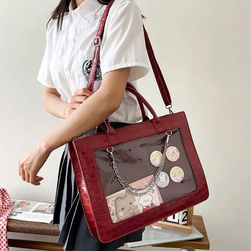 Lovely Gilrs Lolita JK Crocodile Grain Briefcases Totes Female Anime Transparent Layer Chains HandBags Shoulder Bags Itabags