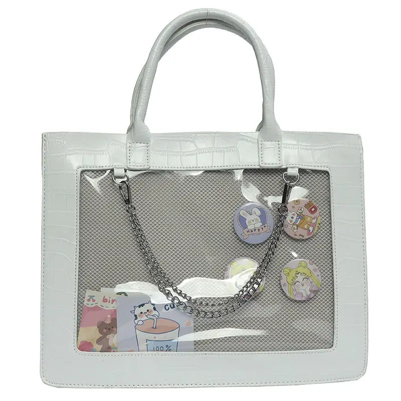 Lovely Gilrs Lolita JK Crocodile Grain Briefcases Totes Female Anime Transparent Layer Chains HandBags Shoulder Bags Itabags