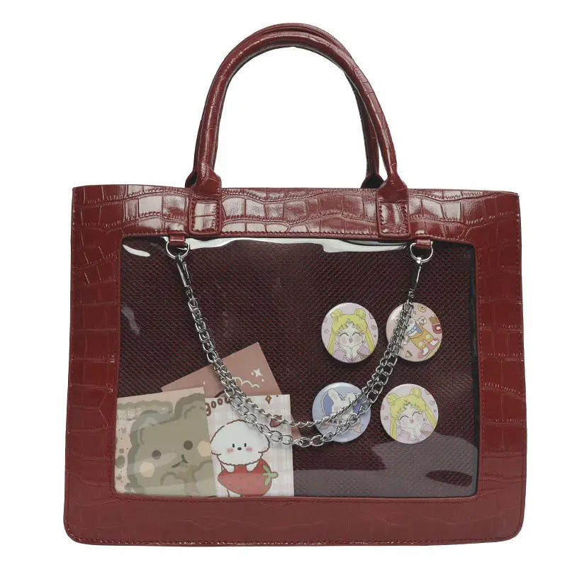 Lovely Gilrs Lolita JK Crocodile Grain Briefcases Totes Female Anime Transparent Layer Chains HandBags Shoulder Bags Itabags