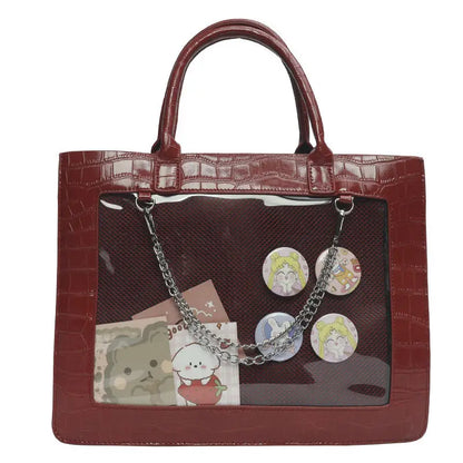 Lovely Gilrs Lolita JK Crocodile Grain Briefcases Totes Female Anime Transparent Layer Chains HandBags Shoulder Bags Itabags