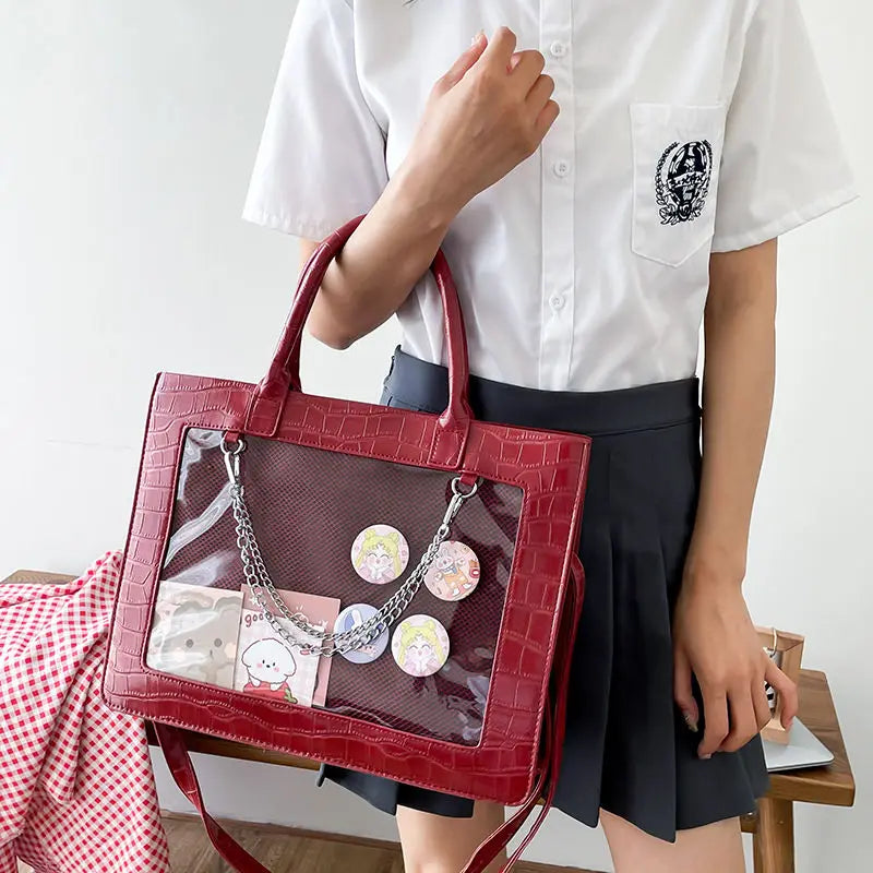 Lovely Gilrs Lolita JK Crocodile Grain Briefcases Totes Female Anime Transparent Layer Chains HandBags Shoulder Bags Itabags