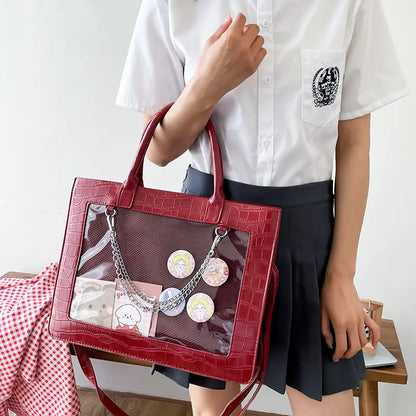 Lovely Gilrs Lolita JK Crocodile Grain Briefcases Totes Female Anime Transparent Layer Chains HandBags Shoulder Bags Itabags