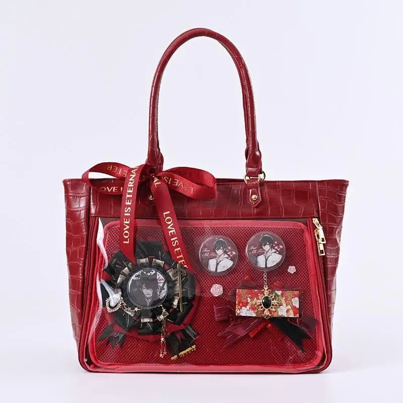 Lovely Gilrs Lolita Japanese HandBags Tote Female Crocodile Grain Transparent Layer High Capacity Ribbon Shoulder Bags Itabags