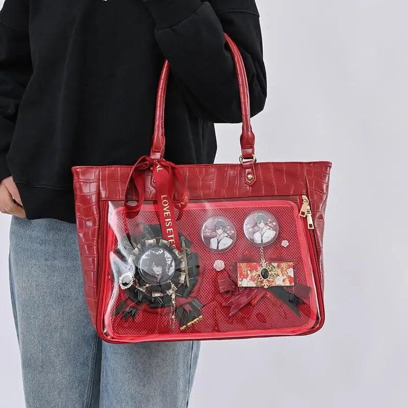 Lovely Gilrs Lolita Japanese HandBags Tote Female Crocodile Grain Transparent Layer High Capacity Ribbon Shoulder Bags Itabags