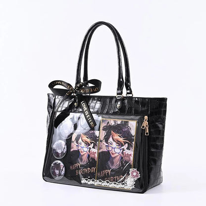 Lovely Gilrs Lolita Japanese HandBags Tote Female Crocodile Grain Transparent Layer High Capacity Ribbon Shoulder Bags Itabags
