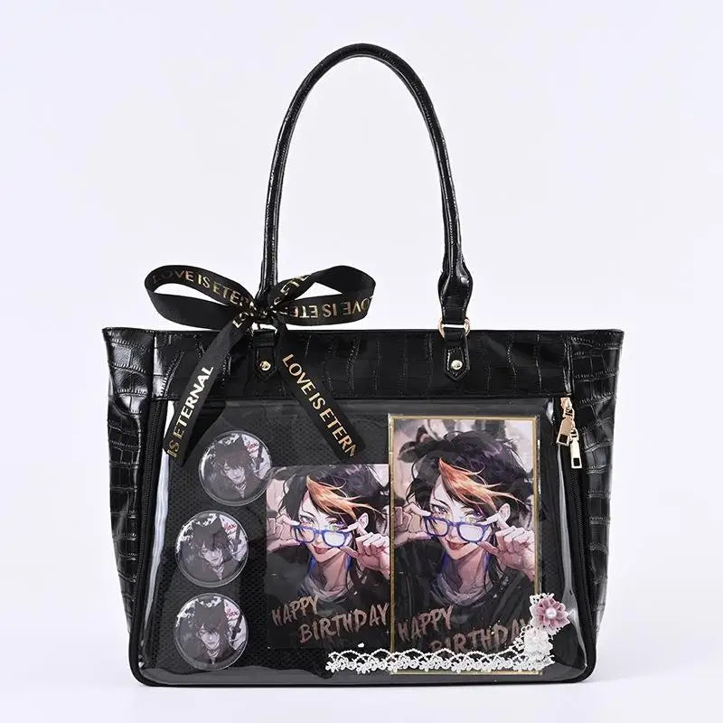 Lovely Gilrs Lolita Japanese HandBags Tote Female Crocodile Grain Transparent Layer High Capacity Ribbon Shoulder Bags Itabags