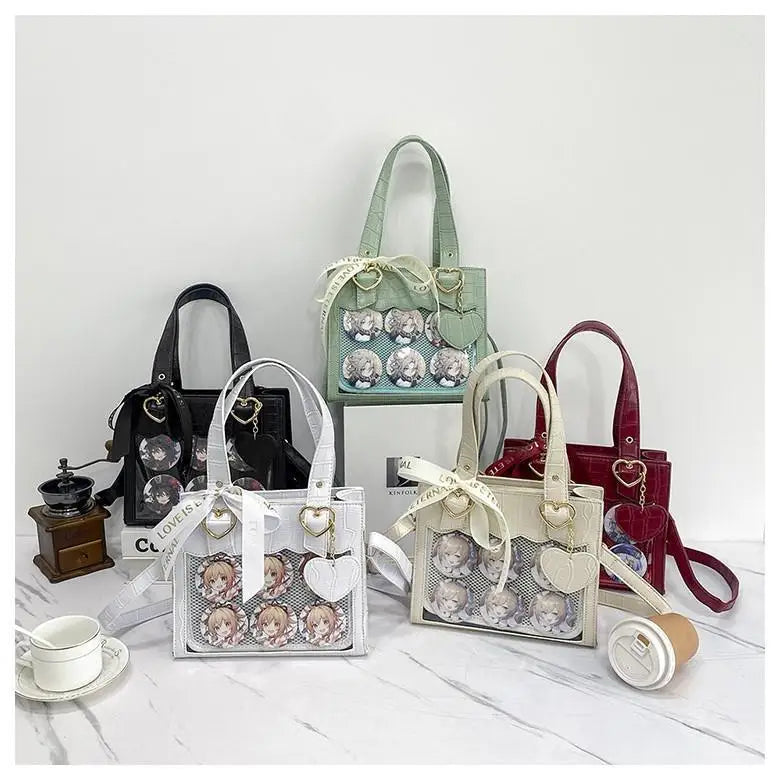 Lovely Gilrs Lolita Japanese HandBags Tote Female Cute Crocodile Grain Ribbon Heart Shaped Buckle Shoulder Bags Itabags