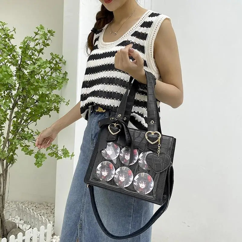 Lovely Gilrs Lolita Japanese HandBags Tote Female Cute Crocodile Grain Ribbon Heart Shaped Buckle Shoulder Bags Itabags
