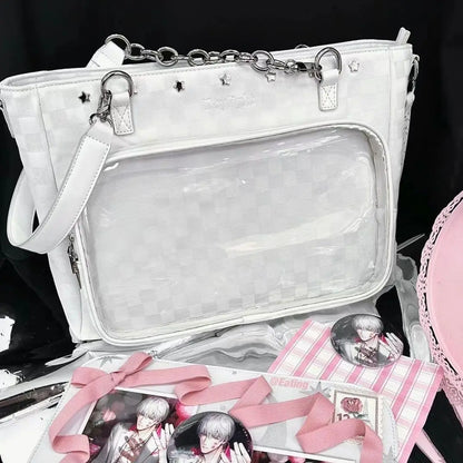 Lovely Gilrs Lolita Japanese HandBags Totes Female Cute Transparent Layer Checkerboard High Capacity Chain Shoulder Bags Itabags