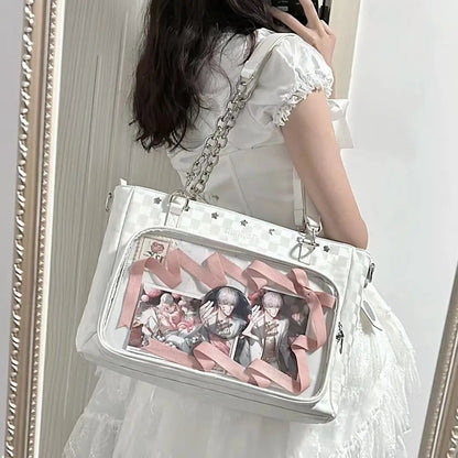 Lovely Gilrs Lolita Japanese HandBags Totes Female Cute Transparent Layer Checkerboard High Capacity Chain Shoulder Bags Itabags