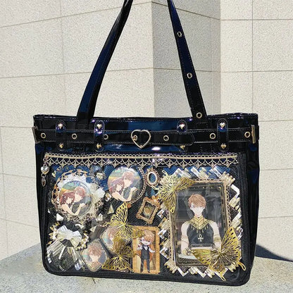 Lovely Gilrs Lolita Japanese JK HandBags Totes Female Cute Transparent Layer Heart Rivets Shoulder Bags Itabags
