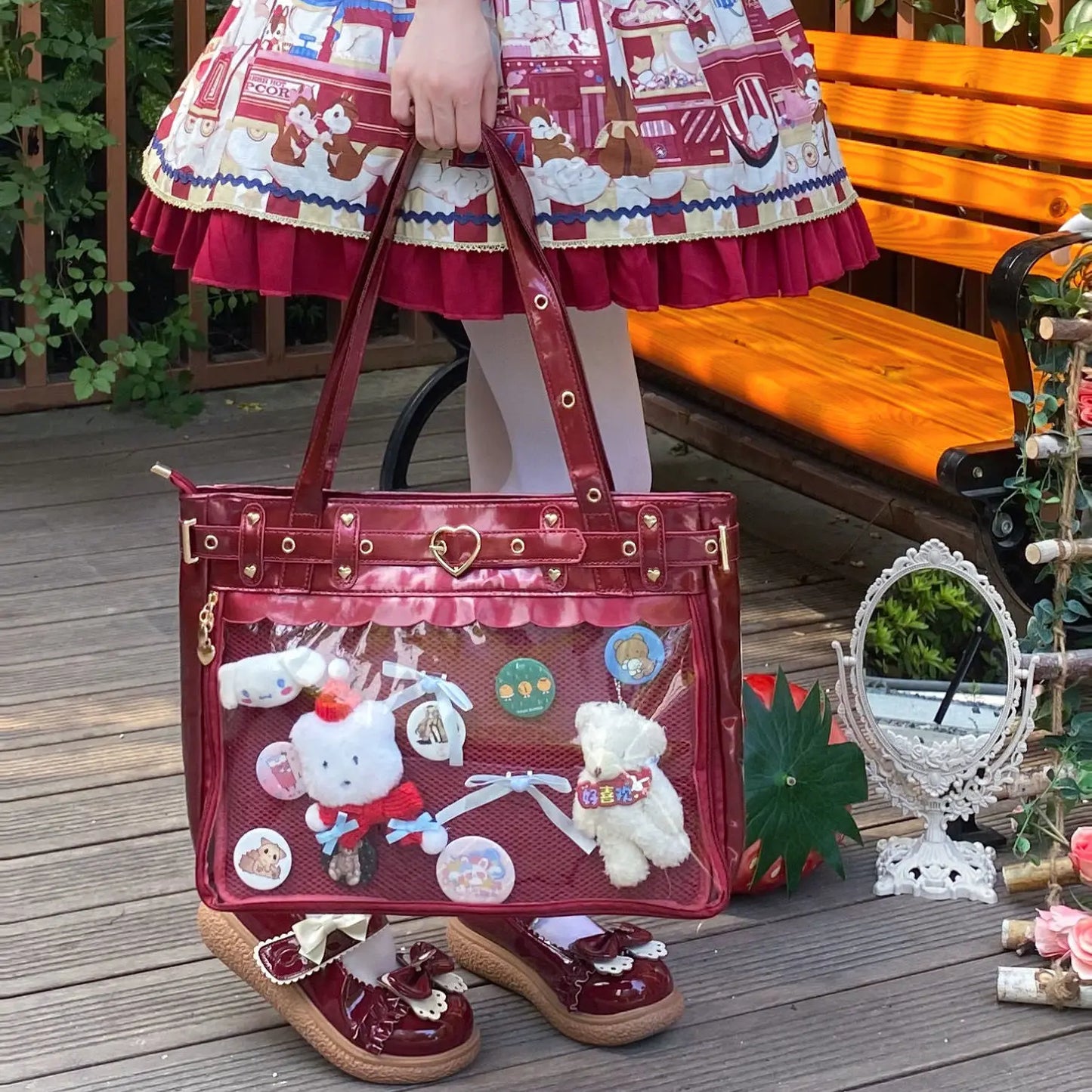 Lovely Gilrs Lolita Japanese JK HandBags Totes Female Cute Transparent Layer Heart Rivets Shoulder Bags Itabags