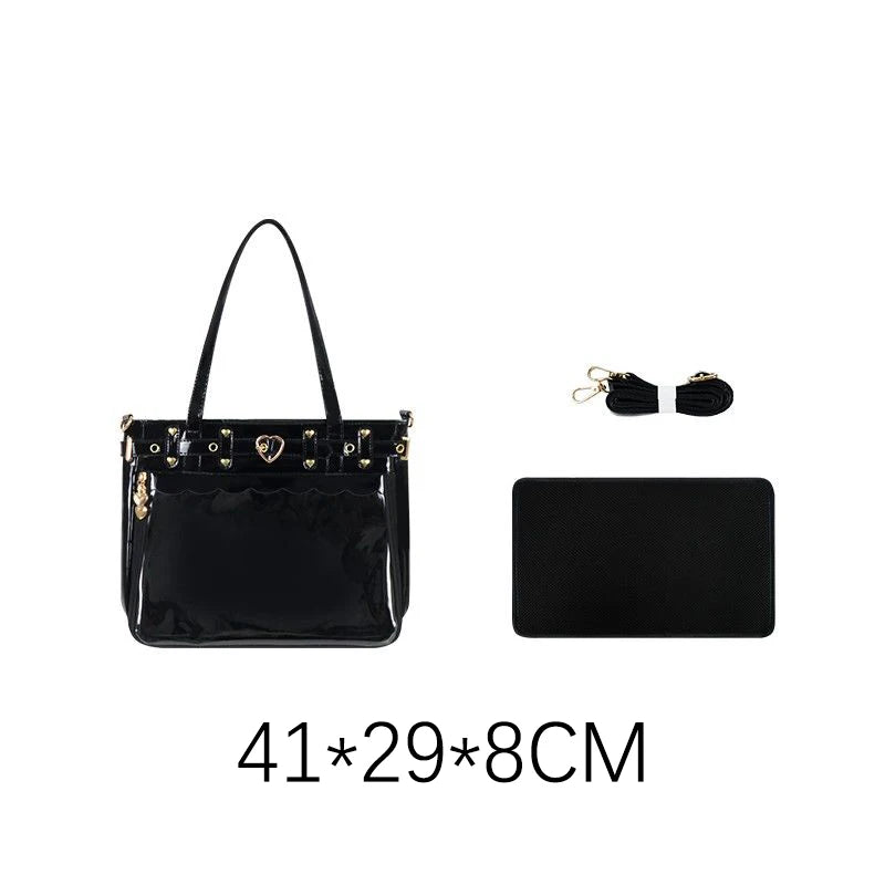 Lovely Gilrs Lolita Japanese JK HandBags Totes Female Cute Transparent Layer Heart Rivets Shoulder Bags Itabags