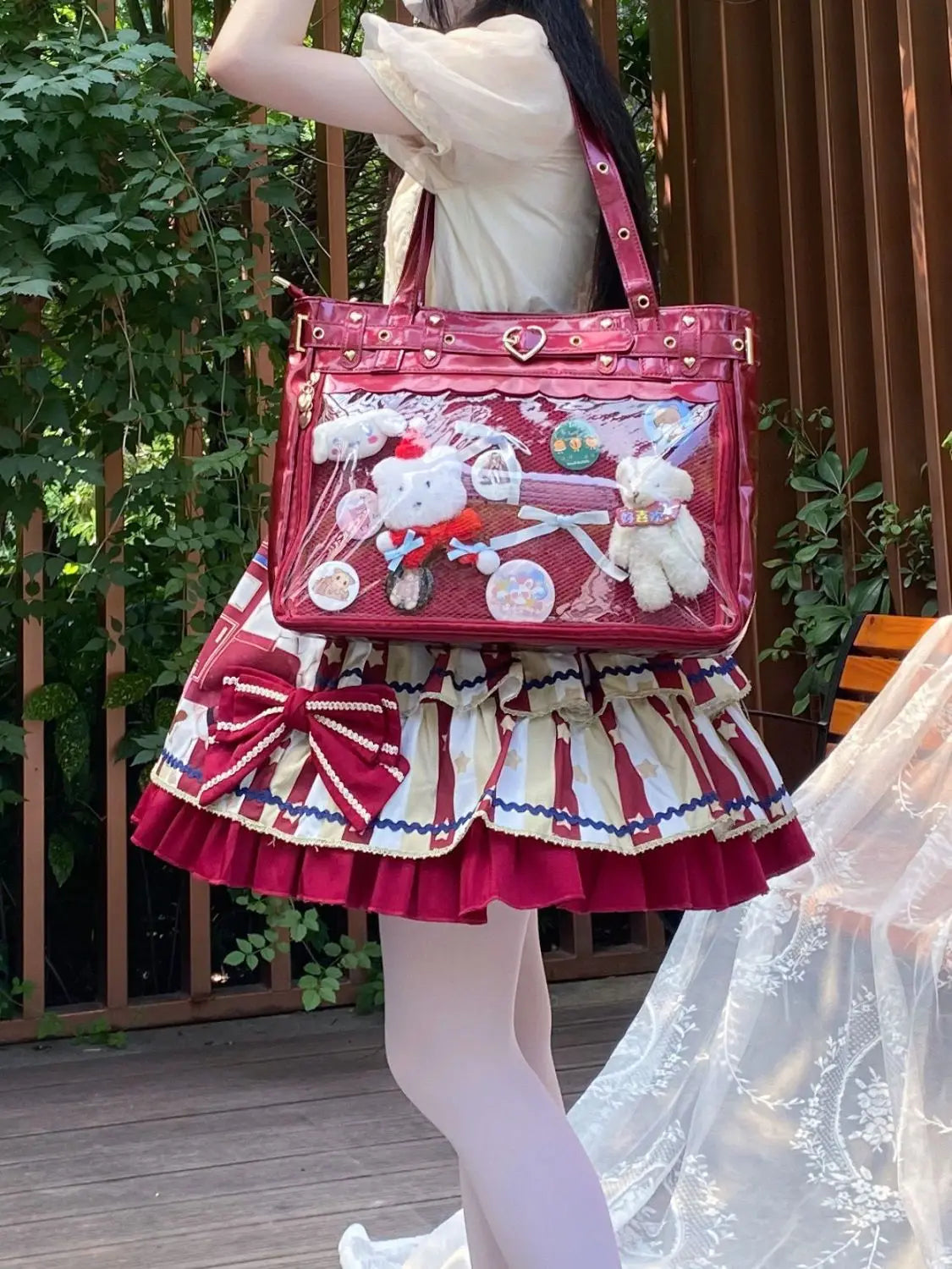 Lovely Gilrs Lolita Japanese JK HandBags Totes Female Cute Transparent Layer Heart Rivets Shoulder Bags Itabags