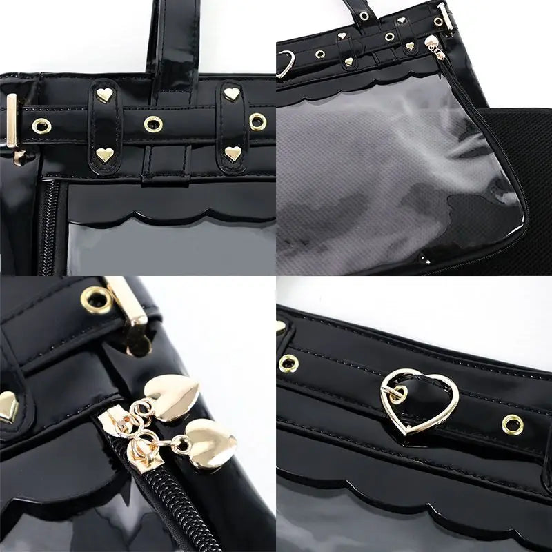 Lovely Gilrs Lolita Japanese JK HandBags Totes Female Cute Transparent Layer Heart Rivets Shoulder Bags Itabags
