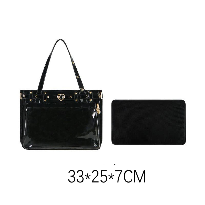 Lovely Gilrs Lolita Japanese JK HandBags Totes Female Cute Transparent Layer Heart Rivets Shoulder Bags Itabags
