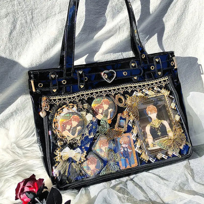 Lovely Gilrs Lolita Japanese JK HandBags Totes Female Cute Transparent Layer Heart Rivets Shoulder Bags Itabags