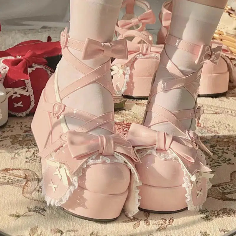 Lovely Girls Lolita Cute Bowknot Platform Shoes Sweet Monk Straps Flat Elevator Shoes Mary Janes