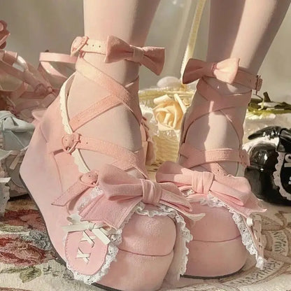 Lovely Girls Lolita Cute Bowknot Platform Shoes Sweet Monk Straps Flat Elevator Shoes Mary Janes