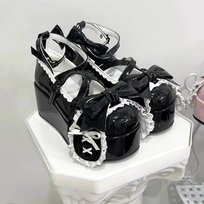 Lovely Girls Lolita Cute Bowknot Platform Shoes Sweet Monk Straps Flat Elevator Shoes Mary Janes