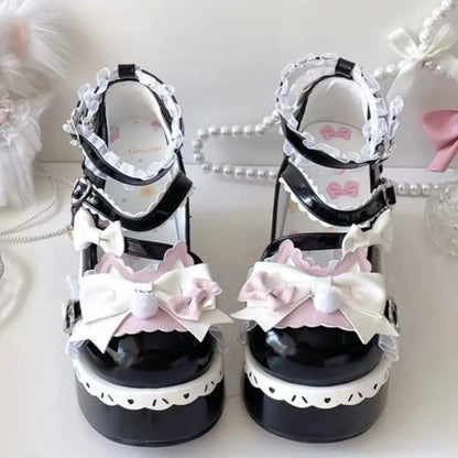 Lovely Girls Lolita Sweet Bowknots Platform Shoes Kawaii Alice Lace Flat Elevator Shoes Mary Janes