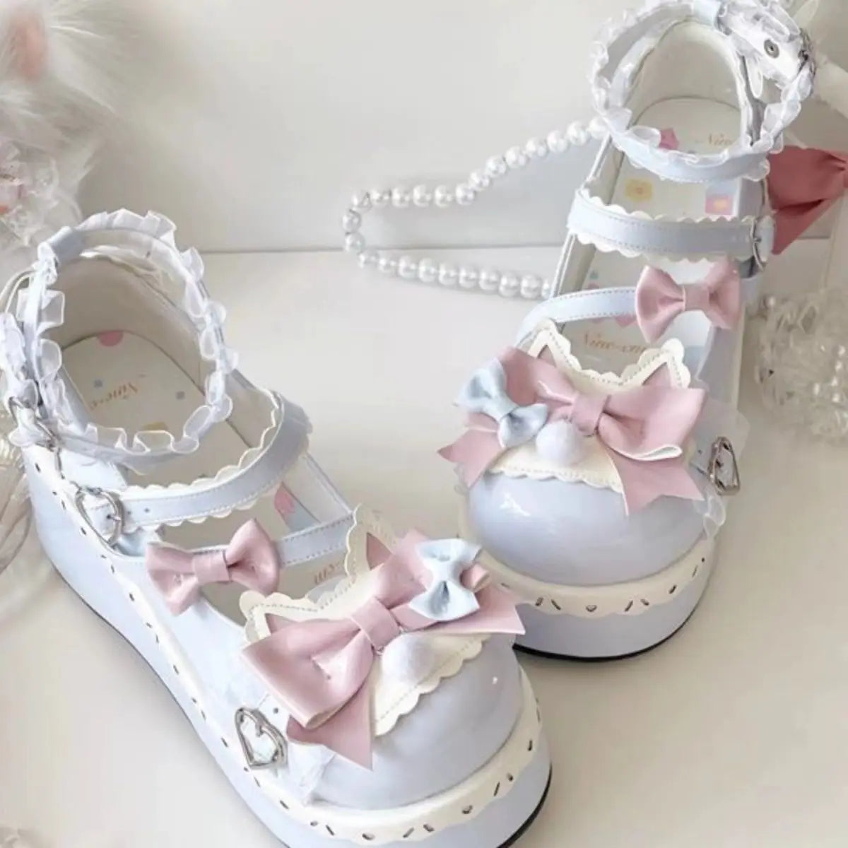 Lovely Girls Lolita Sweet Bowknots Platform Shoes Kawaii Alice Lace Flat Elevator Shoes Mary Janes