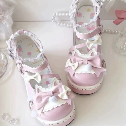 Lovely Girls Lolita Sweet Bowknots Platform Shoes Kawaii Alice Lace Flat Elevator Shoes Mary Janes