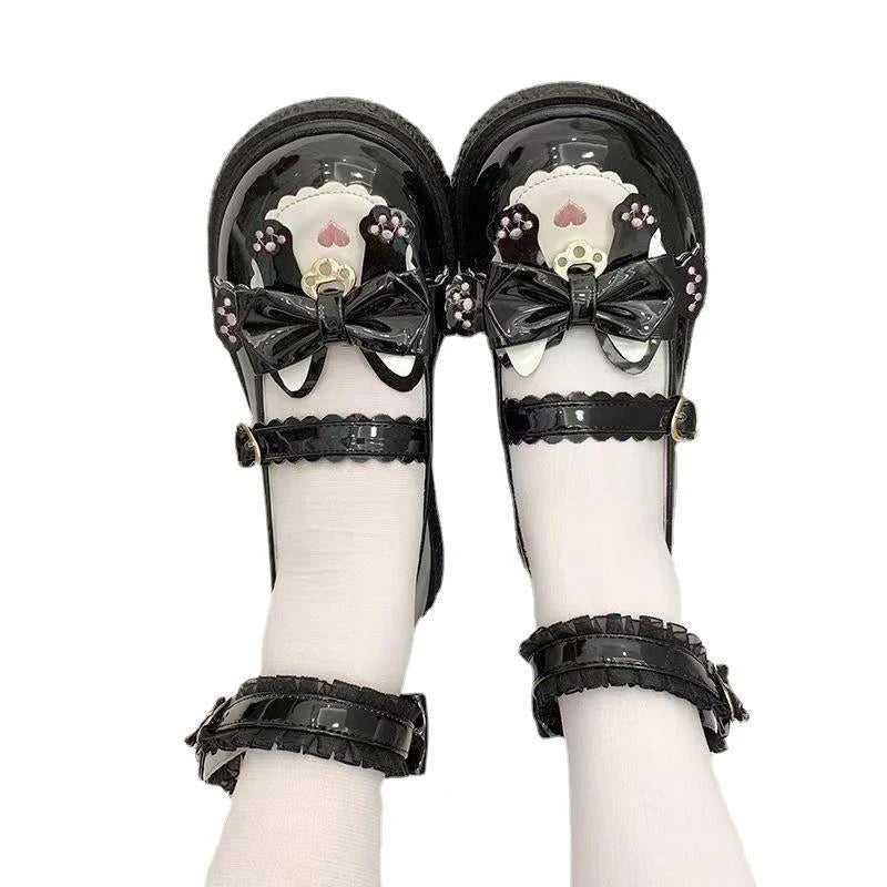 Lovely Girls Lolita Sweet Cat Bowknots Flat Shoes,Students School Cute Princess Mary Janes Big Head Antiskid Shoes