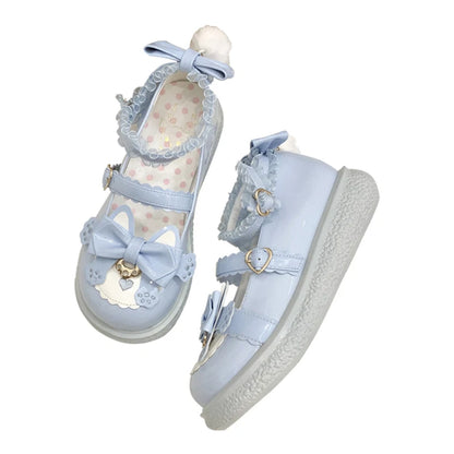 Lovely Girls Lolita Sweet Cat Bowknots Flat Shoes,Students School Cute Princess Mary Janes Big Head Antiskid Shoes