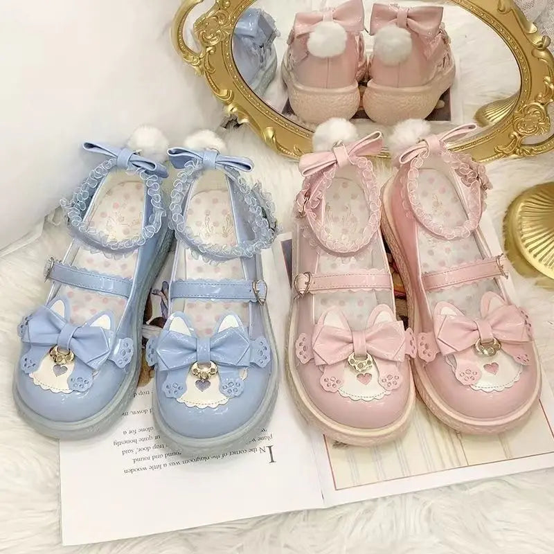 Lovely Girls Lolita Sweet Cat Bowknots Flat Shoes,Students School Cute Princess Mary Janes Big Head Antiskid Shoes
