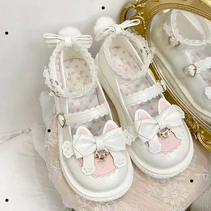 Lovely Girls Lolita Sweet Cat Bowknots Flat Shoes,Students School Cute Princess Mary Janes Big Head Antiskid Shoes