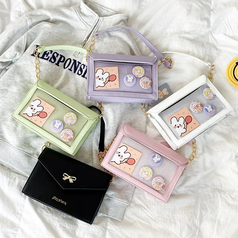 Lovely Japan Style Lolita Girl Sweet HandBags Kawaii Bowknot Transparent Envelope Shoulder Bags