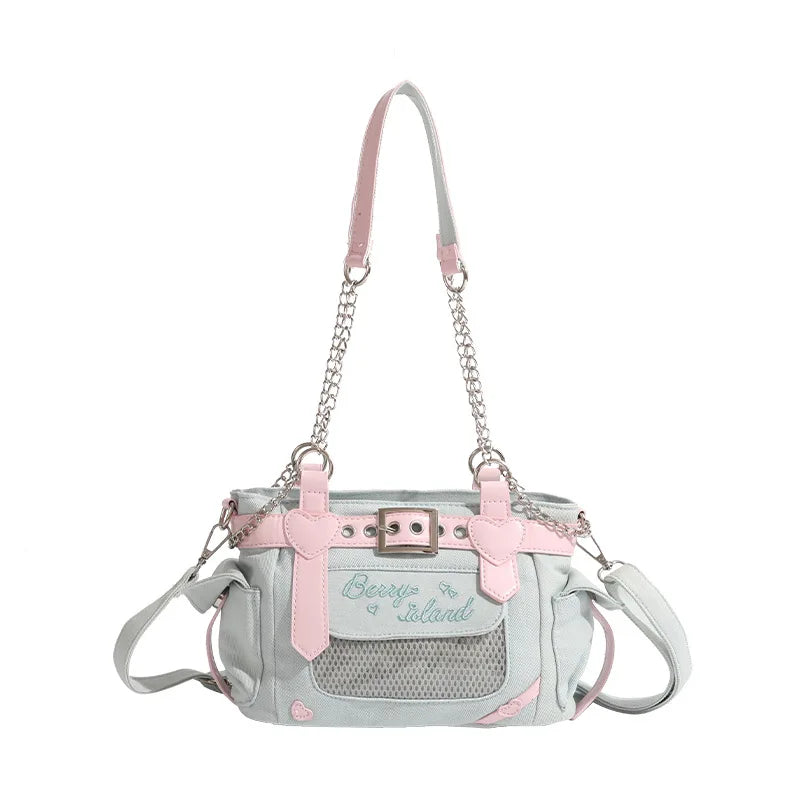 Lovely Japanese Hottie Gyaru Girls Lolita Denim Harajuku Shoulder Bags Women Chains HandBags Cute Transparent Itabags