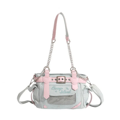 Lovely Japanese Hottie Gyaru Girls Lolita Denim Harajuku Shoulder Bags Women Chains HandBags Cute Transparent Itabags