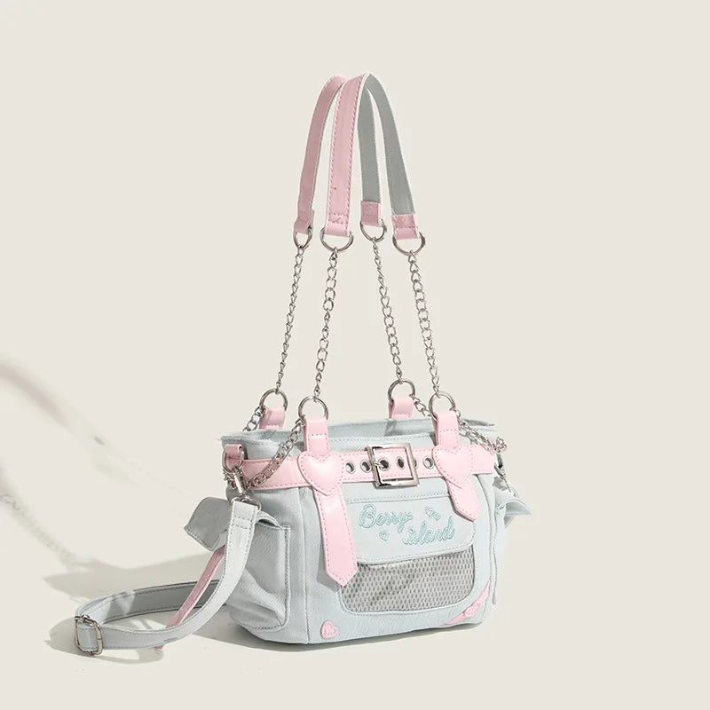 Lovely Japanese Hottie Gyaru Girls Lolita Denim Harajuku Shoulder Bags Women Chains HandBags Cute Transparent Itabags