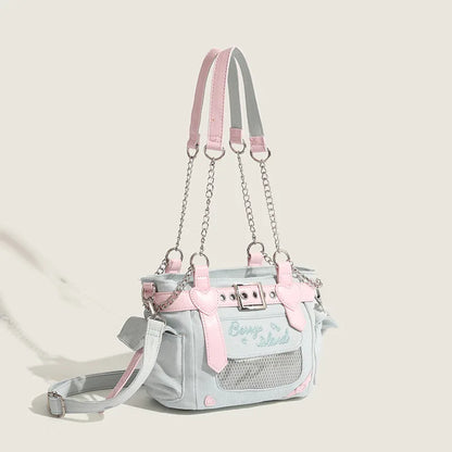 Lovely Japanese Hottie Gyaru Girls Lolita Denim Harajuku Shoulder Bags Women Chains HandBags Cute Transparent Itabags