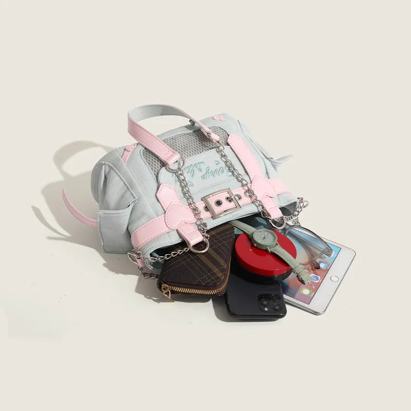 Lovely Japanese Hottie Gyaru Girls Lolita Denim Harajuku Shoulder Bags Women Chains HandBags Cute Transparent Itabags