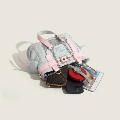 Lovely Japanese Hottie Gyaru Girls Lolita Denim Harajuku Shoulder Bags Women Chains HandBags Cute Transparent Itabags