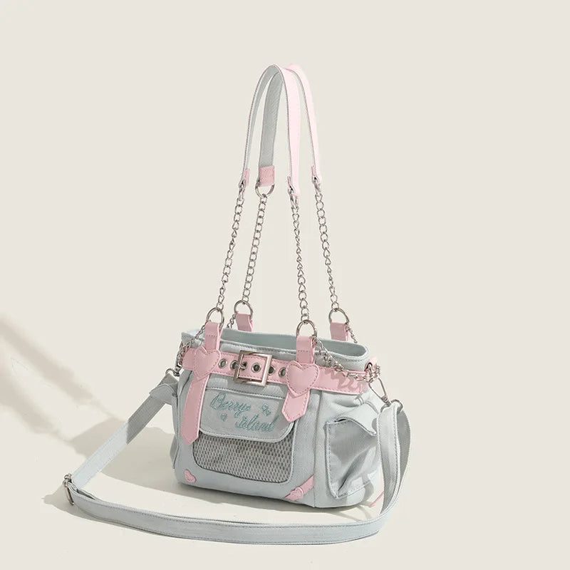 Lovely Japanese Hottie Gyaru Girls Lolita Denim Harajuku Shoulder Bags Women Chains HandBags Cute Transparent Itabags