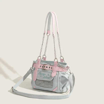 Lovely Japanese Hottie Gyaru Girls Lolita Denim Harajuku Shoulder Bags Women Chains HandBags Cute Transparent Itabags
