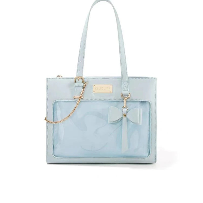 Lovely Japanese Lolita Girls Cute Tote HandBags Female Bowknot Chain Two Dimensional Shoulder Bags Transparent Window Itabags