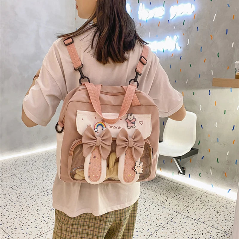 Lovely Korean Style Gilr Lolita Pink Backpacks Messenger Bags Waterproof Transparent Window School Cute Rabbit HandBags Itbags
