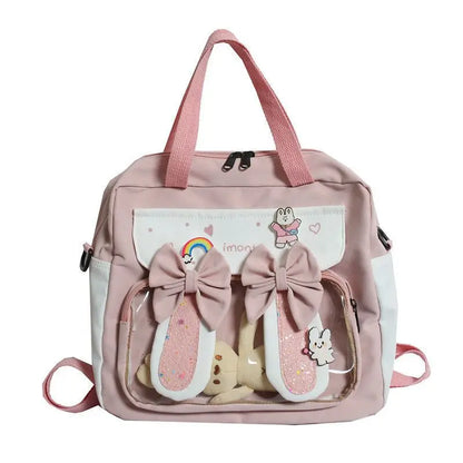 Lovely Korean Style Gilr Lolita Pink Backpacks Messenger Bags Waterproof Transparent Window School Cute Rabbit HandBags Itbags