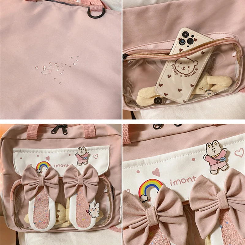 Lovely Korean Style Gilr Lolita Pink Backpacks Messenger Bags Waterproof Transparent Window School Cute Rabbit HandBags Itbags