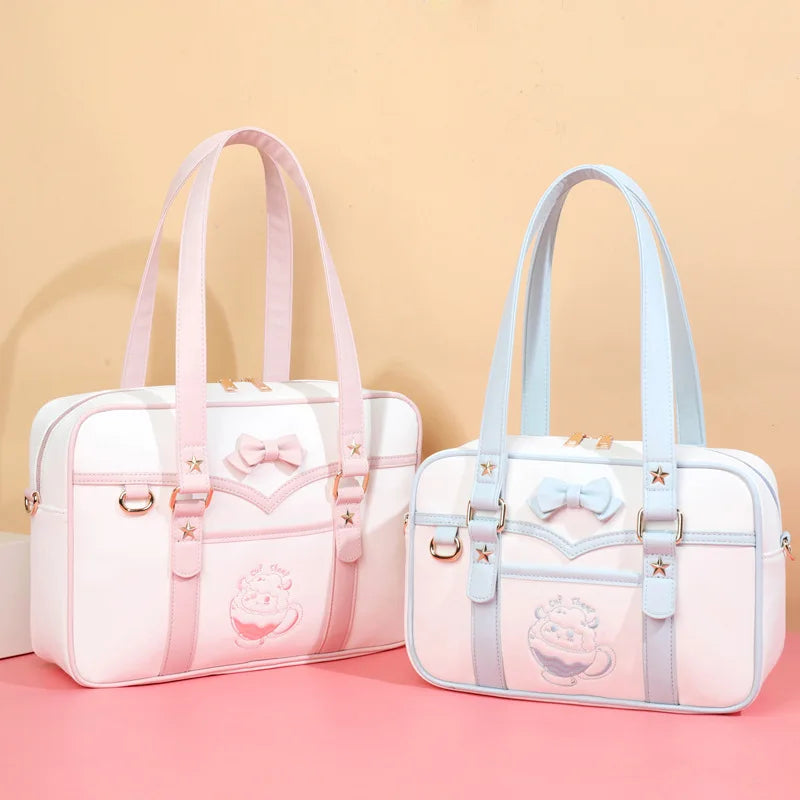 Lovely Korean Style Girl Lolita JK Itbag Briefcase Students Sweet Bowknot Embroidery Lamb Shoulder Bags HandBags Anime