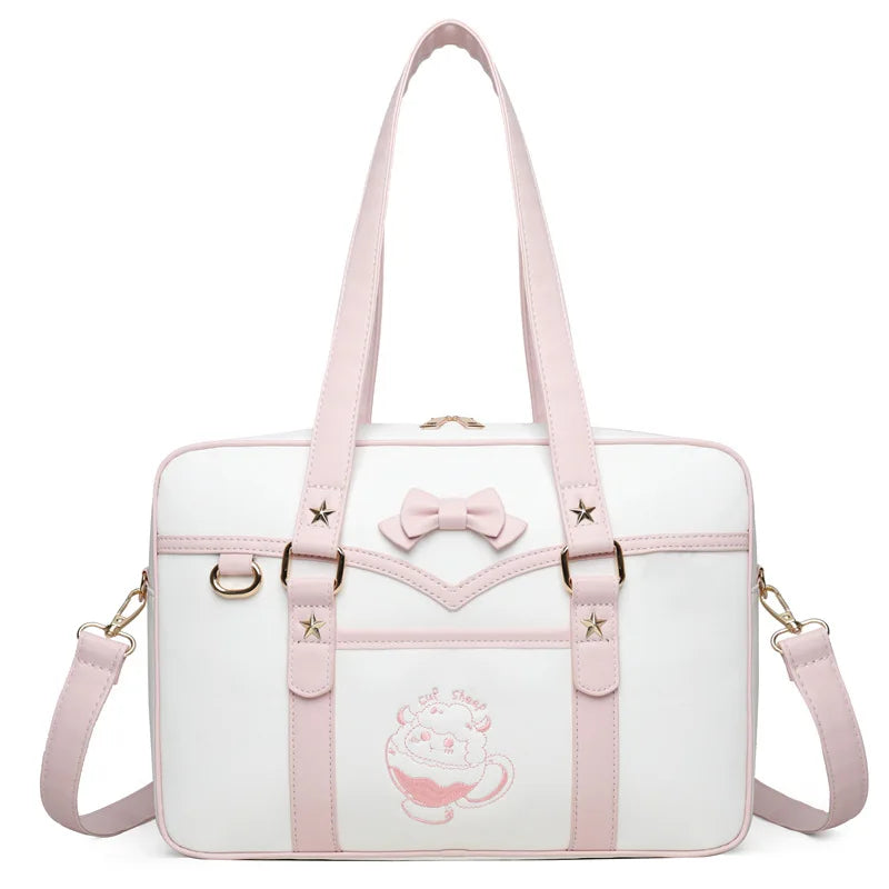 Lovely Korean Style Girl Lolita JK Itbag Briefcase Students Sweet Bowknot Embroidery Lamb Shoulder Bags HandBags Anime