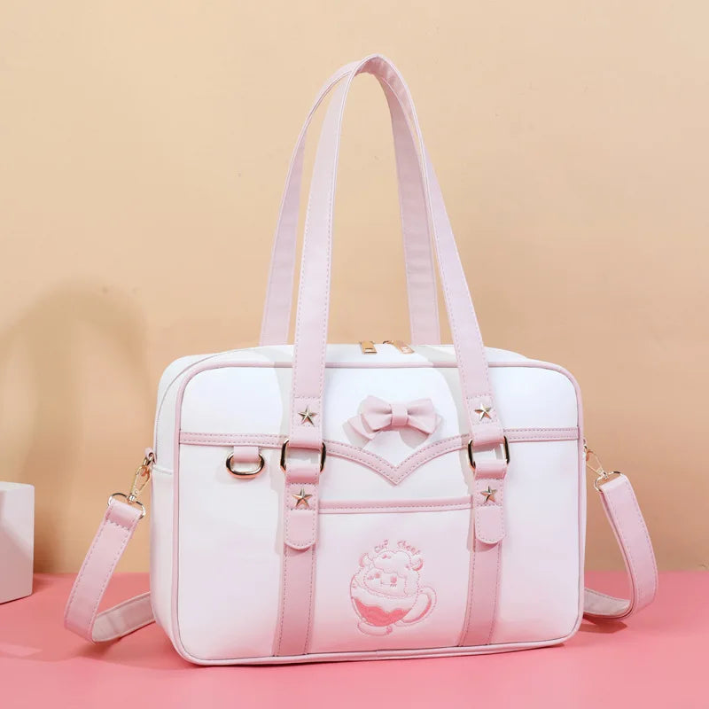 Lovely Korean Style Girl Lolita JK Itbag Briefcase Students Sweet Bowknot Embroidery Lamb Shoulder Bags HandBags Anime