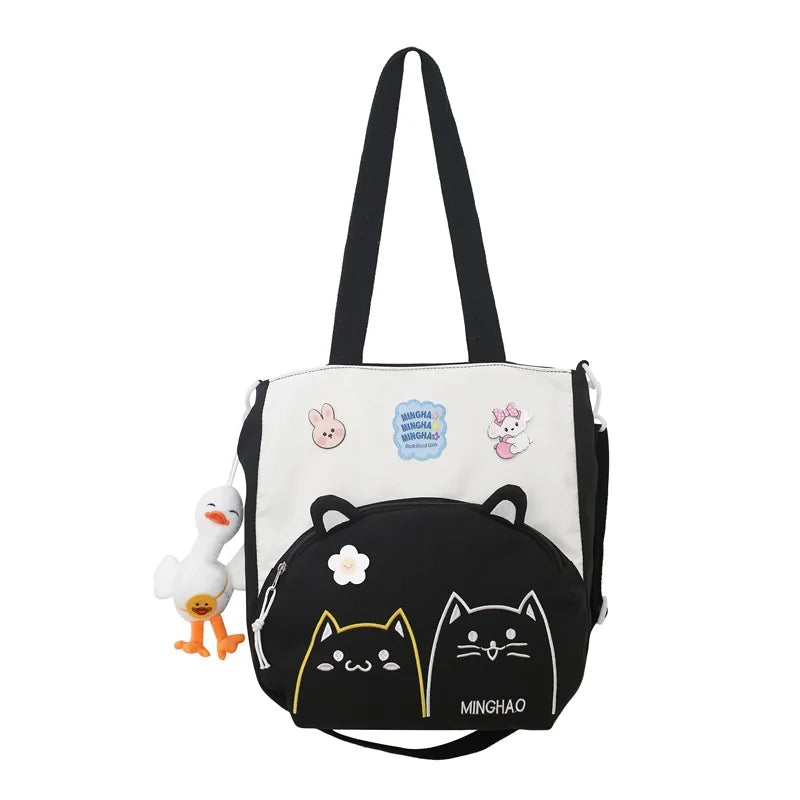 Lovely Korean Style Girl Lolita Shoulder Bags Kawaii Plush Duck Doll Embroidery Cat Itabag Waterproof Anime CanvasBags