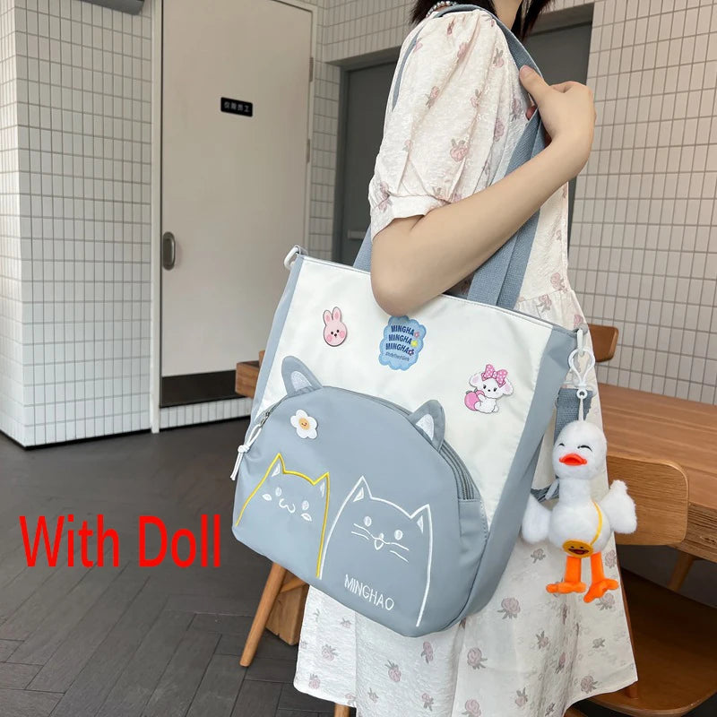 Lovely Korean Style Girl Lolita Shoulder Bags Kawaii Plush Duck Doll Embroidery Cat Itabag Waterproof Anime CanvasBags